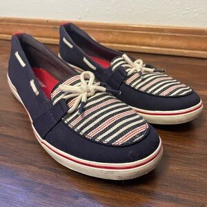 Grasshoppers Windham Navy Blue Striped Ortholite Canvas Boat Shoes